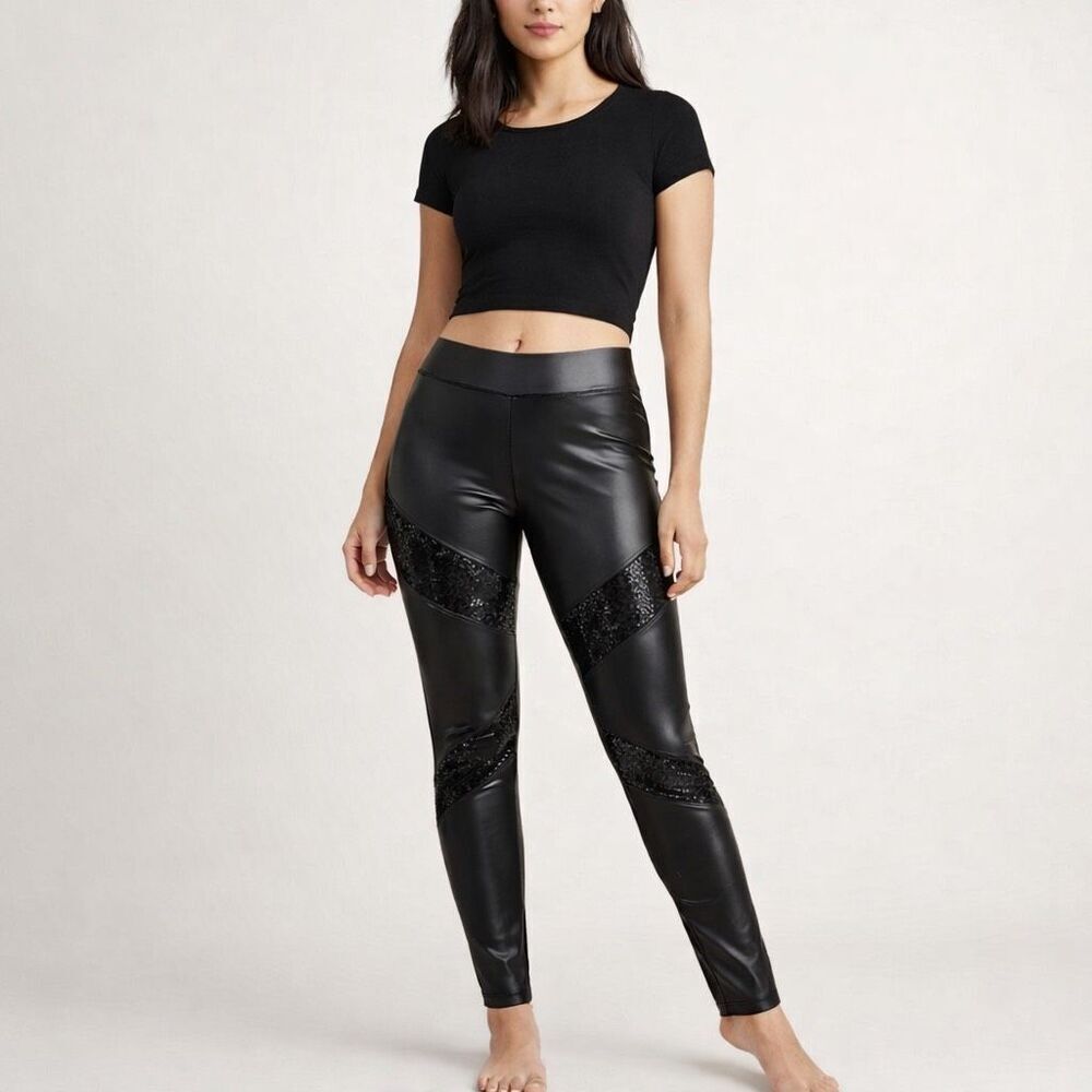 G by Guess Black Faux Leather Sequin Leggings XL Stretch Pants